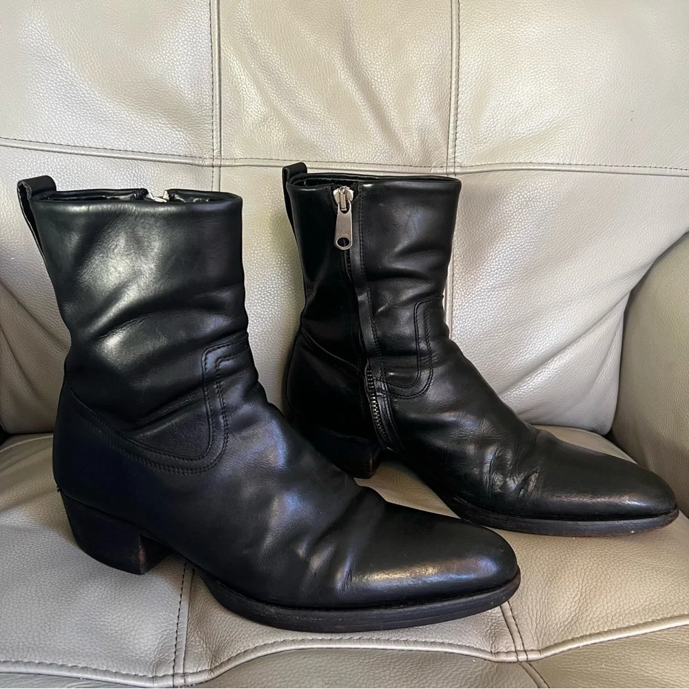 Christian Dior Homme Black Leather Boots Sz 43 US 10 Zip Block Heels Shoes Italy